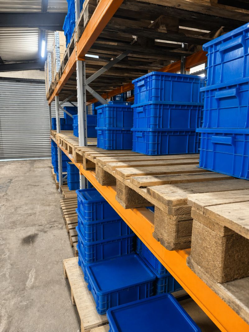 Reusable blue delivery bins stored in the Knect warehouse